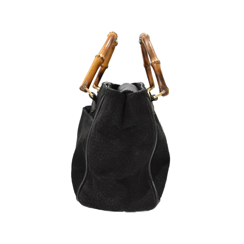 Gucci Bamboo Leather Strap Shoulder Black Suede Handbag